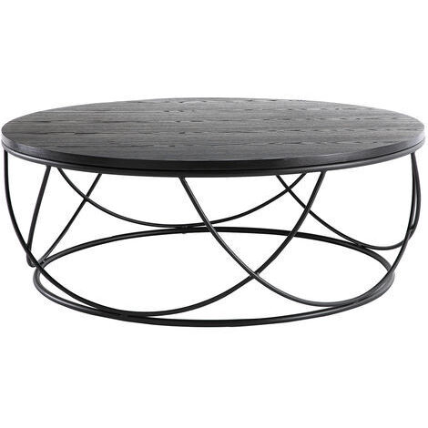 Miliboo – Table basse ronde 80 cm en bois placage frêne noir et métal noir – Design industriel – Élégante et moderne pour salon contemporain