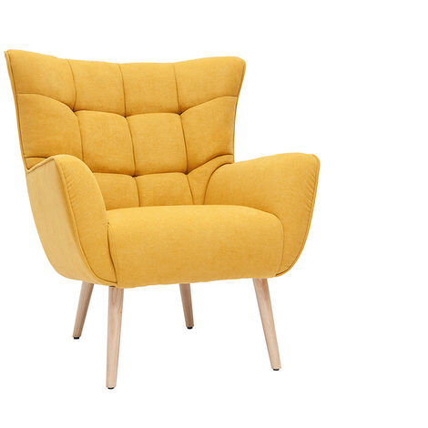 Miliboo – Fauteuil relax scandinave en tissu effet velours jaune moutarde – Dossier haut capitonné – Pieds en hévéa massif – Dimensions L84 x P86 x H96 cm