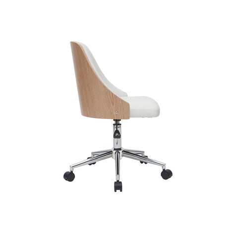 Chaise de bureau à roulettes design blanc, bois clair et acier chromé QUINO