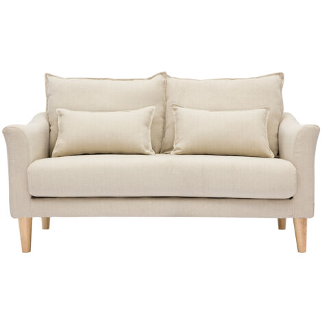 Miliboo – Canapé droit 2 places en tissu beige et bois clair – Accoudoirs évasés – Confort optimal avec coussins d'assise et de dos – Dimensions L134.5 x P79 x H77 cm (1/5)