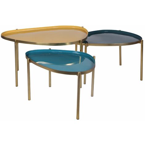 Tables basses gigognes laquées moutarde, bleu canard et bleu (lot de 3) ZURIA