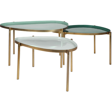 Miliboo – Tables basses gigognes en acier laiton – Plateaux laqués vert-cyan et vert – Lot de 3 tables design pour salon