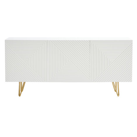 Miliboo – Buffet moderne blanc et métal doré 3 portes L160 x P35.1 x H73.4 cm – Motif géométrique en relief – Rangement optimisé pour vaisselle (1/5)