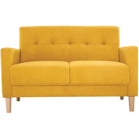 Miliboo – Canapé scandinave 2 places en tissu velours jaune moutarde – Dossier capitonné – Piètement hévéa massif – Dimensions L123 x P69 x H80 cm (1/5)
