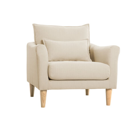 Miliboo – Fauteuil relax scandinave en tissu polyester beige – Piètement en hévéa massif clair – Dimensions L77 x P77.5 x H76.5 cm (1/5)