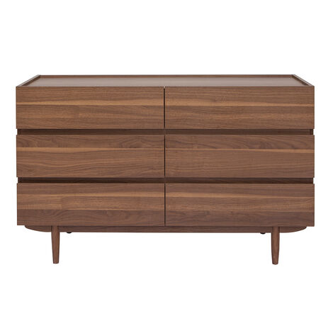 Miliboo – Commode en bois mélaminé finition noyer 6 tiroirs L120 x P41 x H75.5 cm – Pieds en hévéa massif – Rangement élégant pour chambre ou séjour