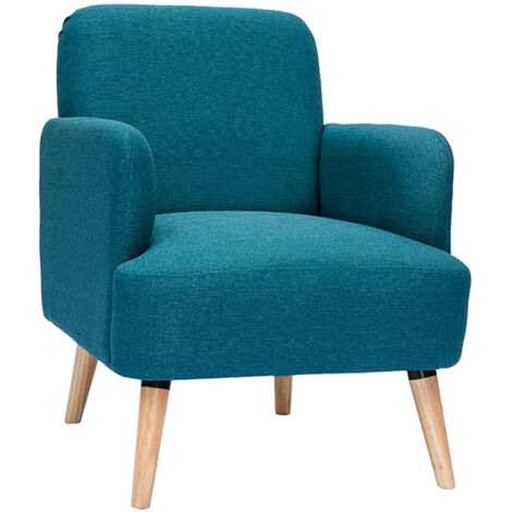 Fauteuil scandinave en tissu bleu canard et bois clair ISKO (1/5)