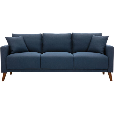 Miliboo – Canapé droit 3 places en tissu bleu intense – Dimensions L193 x P75.5 x H79 cm – 4 pieds compas en hévéa teinté noyer – Confort optimal