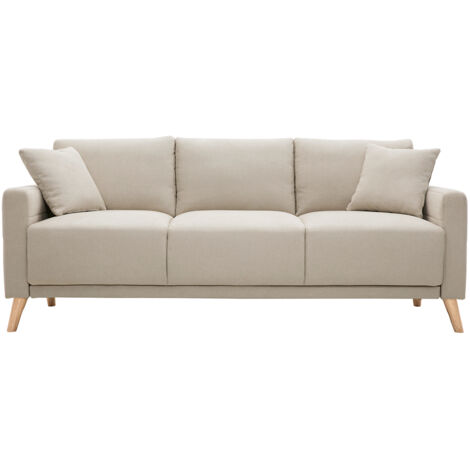 Miliboo – Canapé droit 3 places en tissu beige 100% polyester – Design scandinave – Pieds compas en hévéa massif – Dimensions L193 x P75.5 x H79 cm