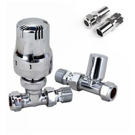 Haxby Straight Chrome TRV with Small Round Top Lockshield with 15mm to 10mm Pipe Reducer