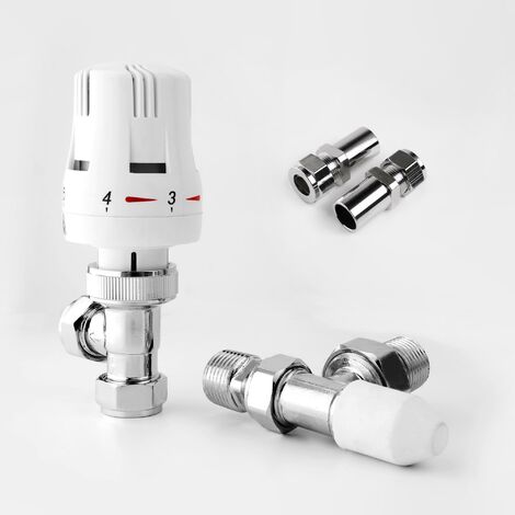 Haxby Angled White TRV with Small Round Top Lockshield 15mm x ½inch with 8mm Pipe Reducer