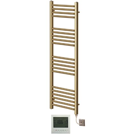 York Flat Brushed Brass Electric Towel Rail 300mm Wide x 1200mm High + 7 Day Timer/Thermostat