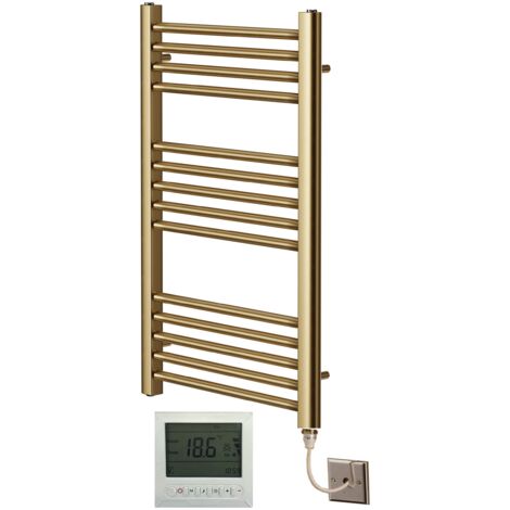 York Flat Brushed Brass Electric Towel Rail 500mm Wide x 800mm High + 7 Day Timer/Thermostat