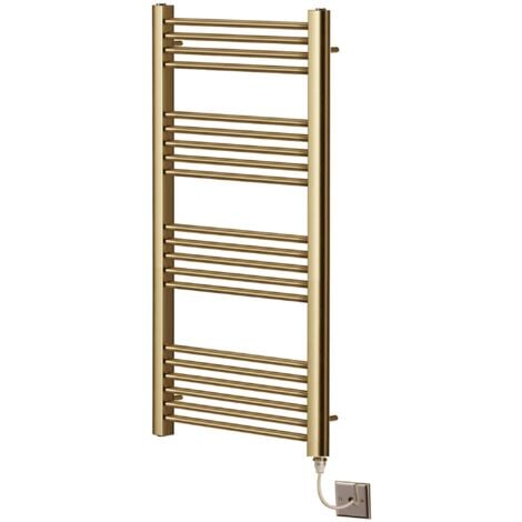 York Flat Brushed Brass Electric Towel Rail 500mm Wide x 1200mm High Bathroom Radiator