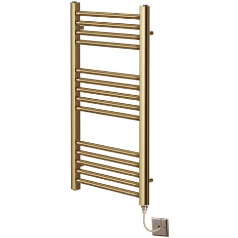 York Flat Brushed Brass Electric Towel Rail 400mm Wide x 800mm High