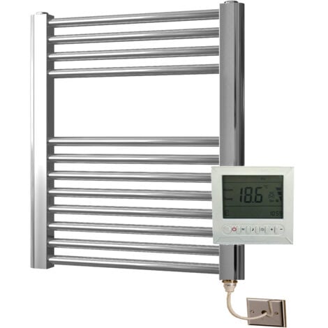 York Flat Chrome Electric Towel Rail 600 x 600mm Towel Radiator + TIMER / ROOM THERMOSTAT
