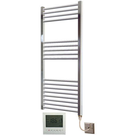 York Flat Chrome Electric Towel Rail 400 x 1200mm Towel Radiator + TIMER / ROOM THERMOSTAT