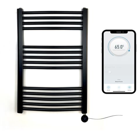 Black Electric Smart WiFi Controlled Heated Towel Rail 500mm W x 800mm H Curved 7 Day Programmable Timer App Compatibility