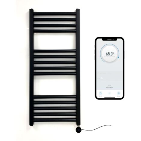 Black Electric Smart WiFi Controlled Heated Towel Rail 400mm W x 800mm H Straight 7 Day Programmable Timer App Compatibility