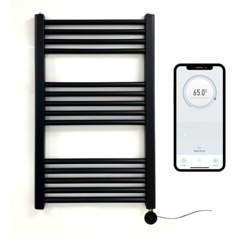 Black Electric Smart WiFi Controlled Heated Towel Rail 500mm W x 800mm H Straight 7 Day Programmable Timer App Compatibility