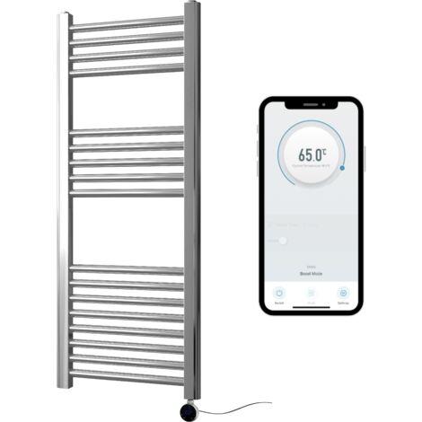 Chrome Electric Smart WiFi Controlled Heated Towel Rail 400mm W x 1000mm H Straight 7 Day Programmable Timer App Compatibility