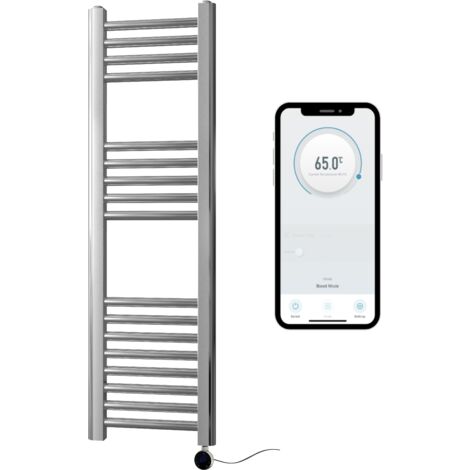 Chrome Electric Smart WiFi Controlled Heated Towel Rail 300mm W x 1000mm H Straight 7 Day Programmable Timer App Compatibility