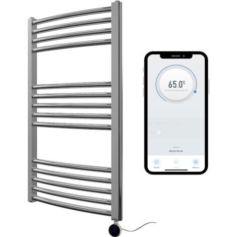 Chrome Electric Smart WiFi Controlled Heated Towel Rail 500mm W x 800mm H Curved 7 Day Programmable Timer App Compatibility