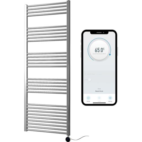 Chrome Electric Smart WiFi Controlled Heated Towel Rail 600mm W x 1600mm H Straight 7 Day Programmable Timer App Compatibility