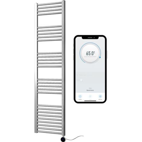 Chrome Electric Smart WiFi Controlled Heated Towel Rail 400mm W x 1600mm H Straight 7 Day Programmable Timer App Compatibility (1/5)