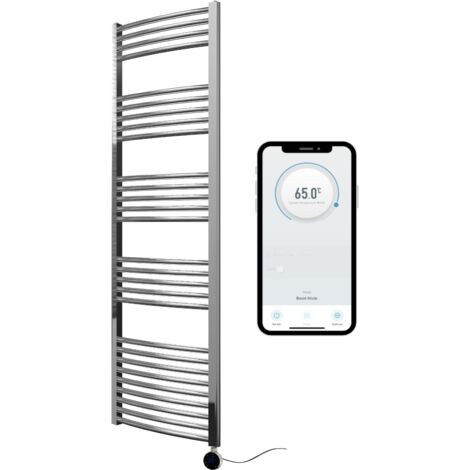 Chrome Electric Smart WiFi Controlled Heated Towel Rail 500mm W x 1600mm H Curved 7 Day Programmable Timer App Compatibility