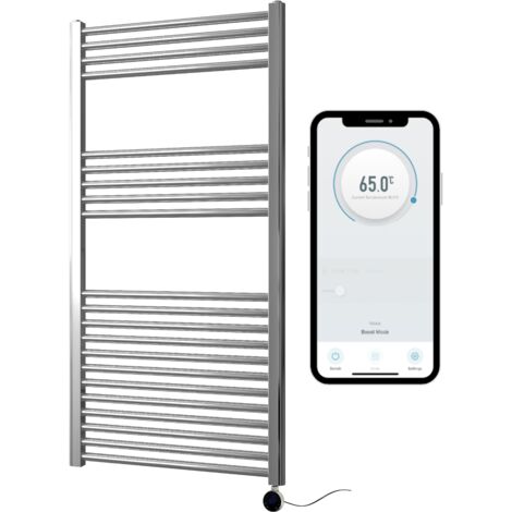 Chrome Electric Smart WiFi Controlled Heated Towel Rail 600mm W x 1200mm H Straight 7 Day Programmable Timer App Compatibility