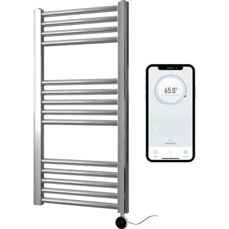 Chrome Electric Smart WiFi Controlled Heated Towel Rail 400mm W x 800mm H Straight 7 Day Programmable Timer App Compatibility