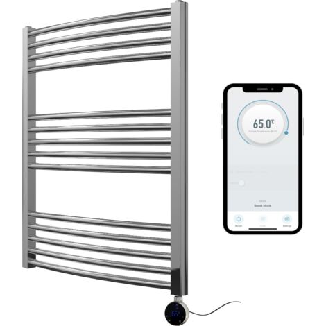 Chrome Electric Smart WiFi Controlled Heated Towel Rail 600mm W x 800mm H Curved 7 Day Programmable Timer App Compatibility