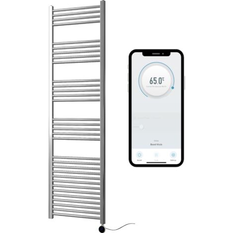 Chrome Electric Smart WiFi Controlled Heated Towel Rail 500mm W x 1800mm H Straight 7 Day Programmable Timer App Compatibility