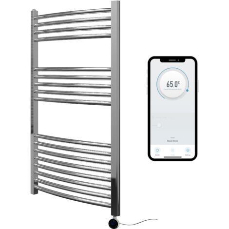 Chrome Electric Smart WiFi Controlled Heated Towel Rail 600mm W x 1000mm H Curved 7 Day Programmable Timer App Compatibility
