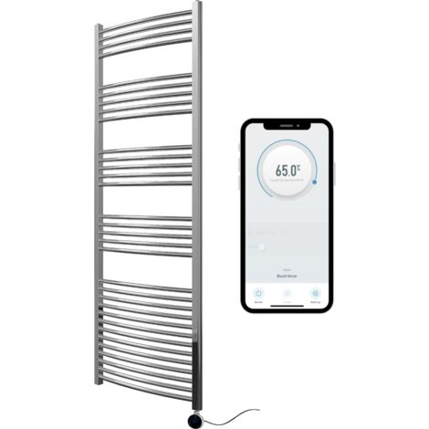 Chrome Electric Smart WiFi Controlled Heated Towel Rail 600mm W x 1800mm H Curved 7 Day Programmable Timer App Compatibility