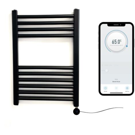 Black Electric Smart WiFi Controlled Heated Towel Rail 500mm W x 600mm H Straight 7 Day Programmable Timer App Compatibility