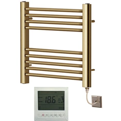 York Flat Brushed Brass Electric Towel Rail 400mm Wide x 600mm High + 7 Day Timer/Thermostat