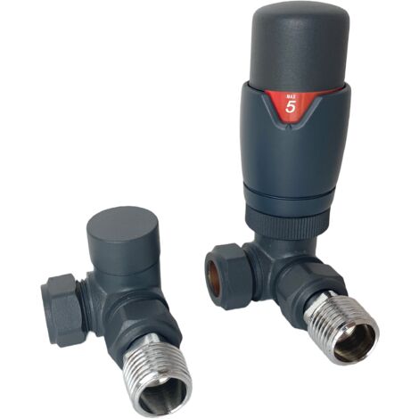 Kiev Anthracite Thermostatic Corner Valve Radiator & Towel Rail Valve TRV with Lockshield 15mm Pipework Standard Panel Radiator (1/4)