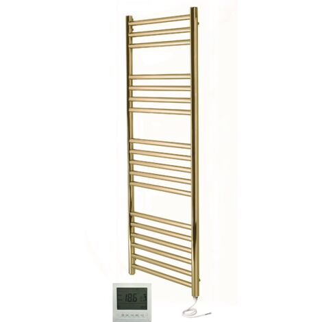 Manissa Boston Electric Brushed Brass Heated Towel Rail 500mm W x 1200mm H Bathroom Towel Radiator + 7 Day Timer/Thermostat