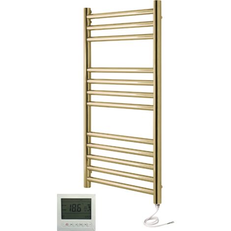 Manissa Boston Electric Brushed Brass Heated Towel Rail 500mm W x 1000mm H Bathroom Towel Radiator + 7 Day Timer/Thermostat
