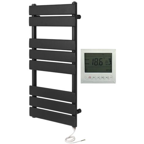 Richmond Electric Heated Towel Rail Black 500mm W x 800mm H Flat Panel Bathroom Radiator + 7 Day Programmble Timer/Thermostat