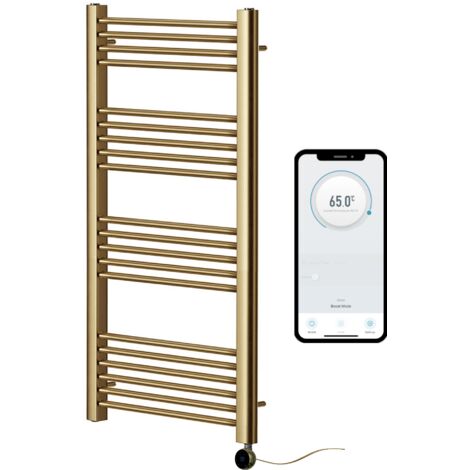 York Brushed Brass WiFi Controlled Electric Heated Straight Towel Rail 500mm W x 1200mm H