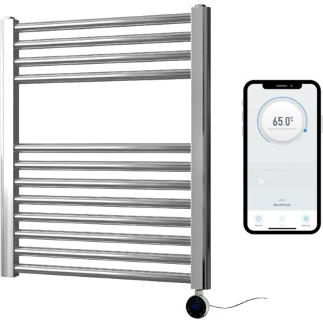 Chrome Electric Smart WiFi Controlled Heated Towel Rail 300mm W x 800mm H Flat 7 Day Programmable Timer App Compatibility