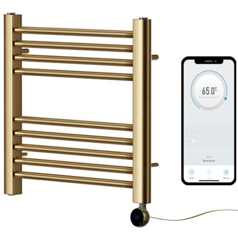 York Brushed Brass WiFi Controlled Electric Heated Straight Towel Rail 400mm W x 800mm H