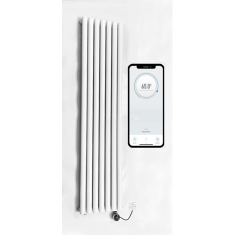 WiFi Smart Electric Radiator Oval Tube Single Panel Vertical Tall 1600mm H x 480mm W Column Radiator - White