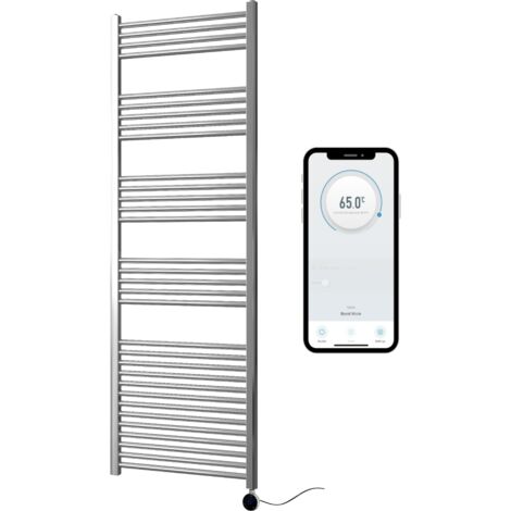 Chrome Electric Smart WiFi Controlled Heated Towel Rail 600mm W x 1800mm H Straight 7 Day Programmable Timer App Compatibility