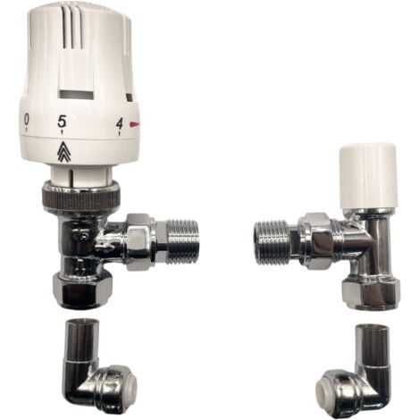 Haxby White Angled Thermostatic Radiator Valve & 15mm Angled Pipe Connector Push Fit Connection