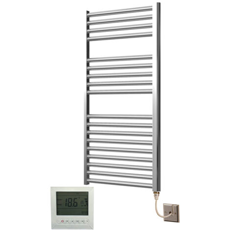 Extra High Heat Output Chrome Electric Towel Rail 500 x 1000mm Flat Bathroom Radiator Heater + 7 Day  Timer/Thermostat