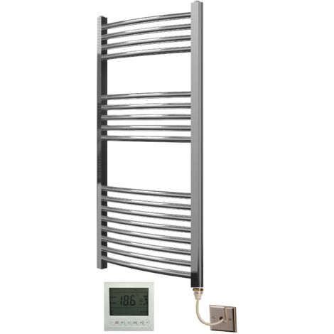 Extra High Heat Output Chrome Electric Towel Rail 500 x 1000mm Curved Bathroom Radiator Heater + 7 Day Timer/Thermostat